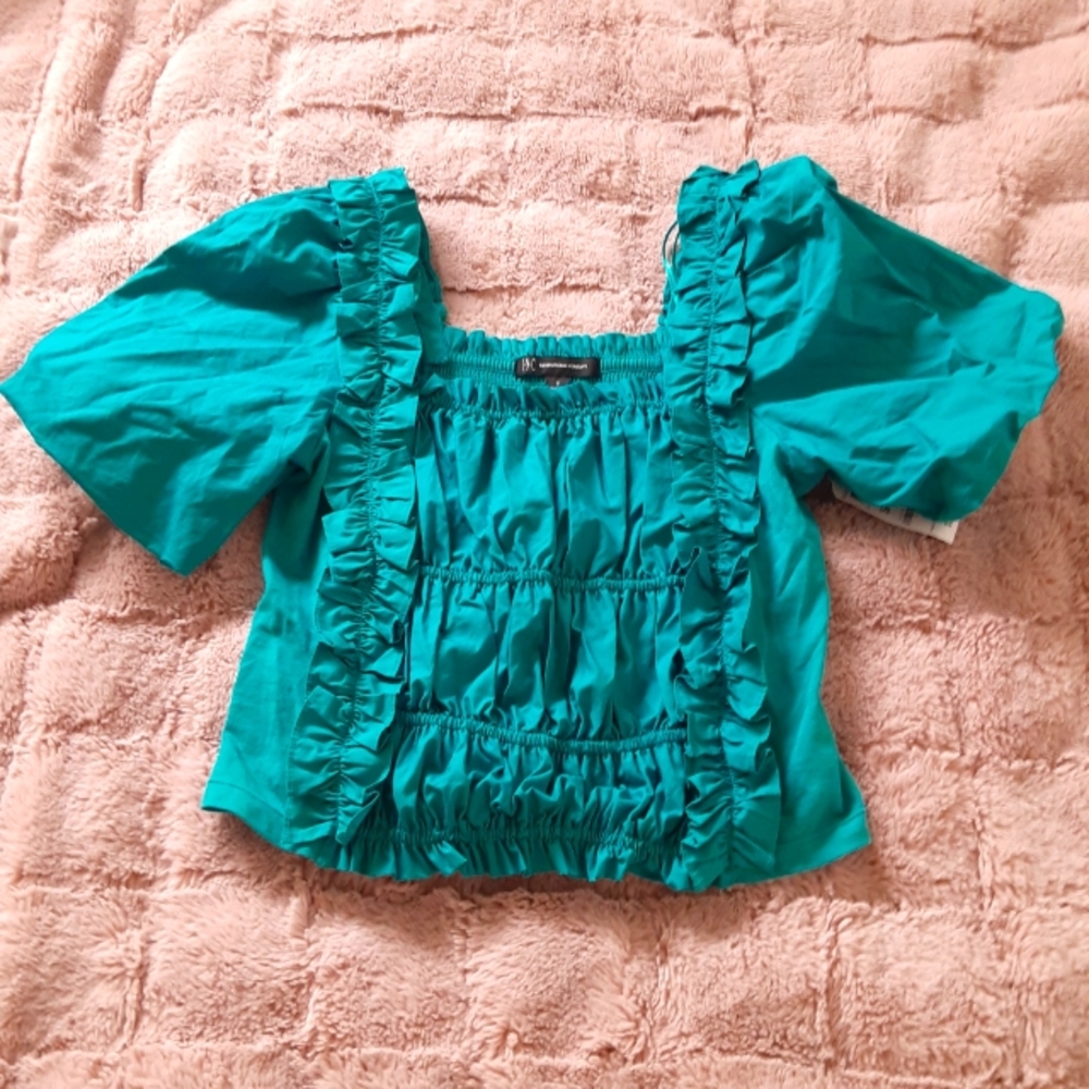 INC International Concepts Aztec blue puff sleeve shirt NWT size S